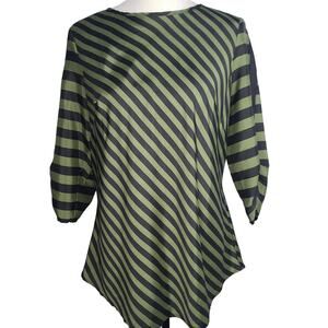 Eci Tunic Top 3/4 Sleeve Large Green Black Stripe Tunic Blouse Mod Witchy